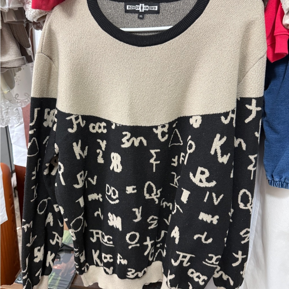 Black and Cream Sweater with Graphic Design